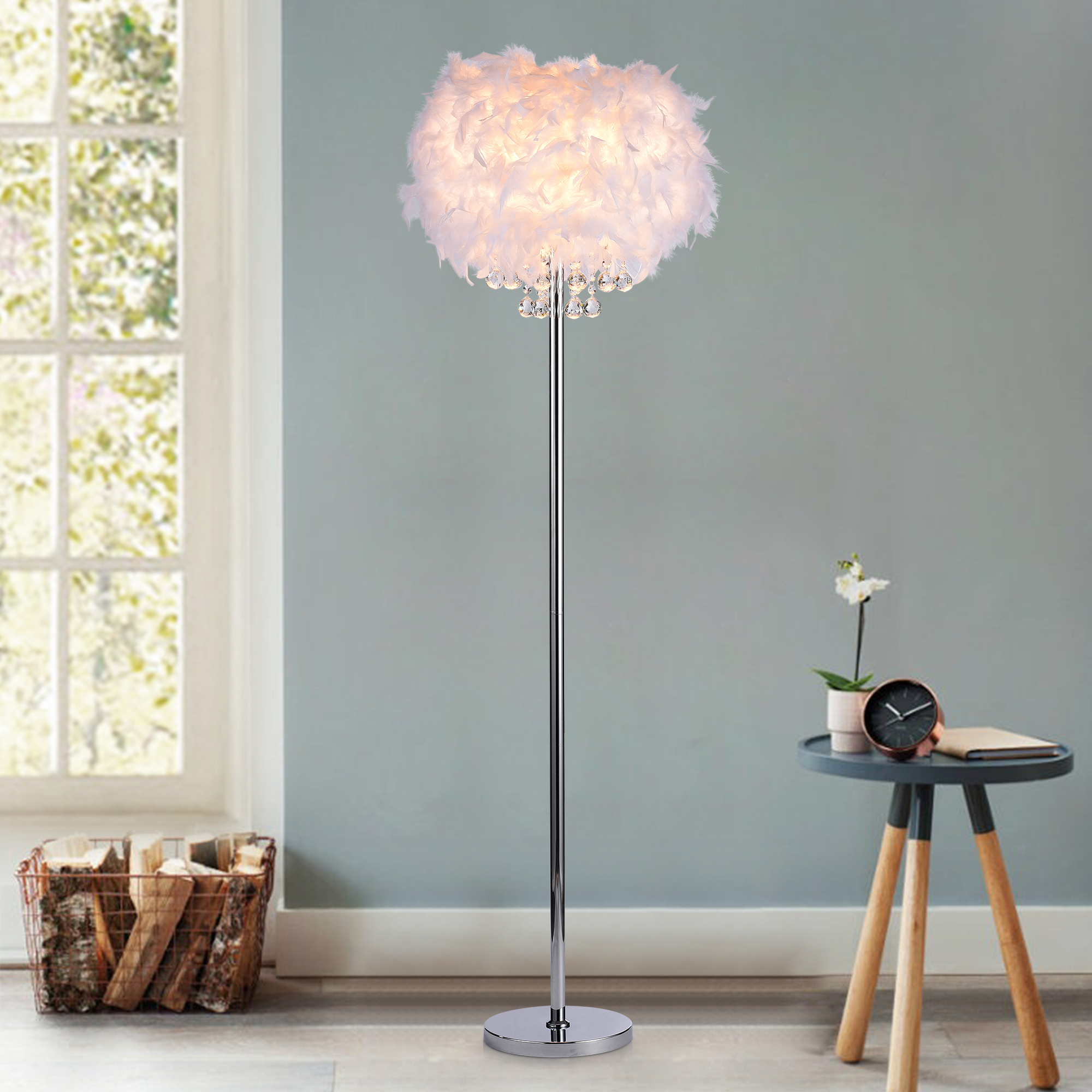 IM Lighting 3-light chrome modern me<x>tal crystal feather shade fancy standing for living room decor floor lamp
